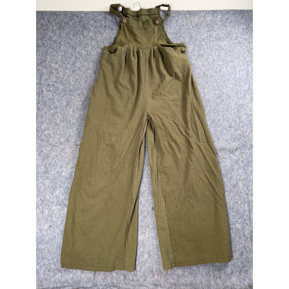 Wide Leg Overalls Women L Olive Green Cotton Blend Boho Coastal Jumpsuit Pocket